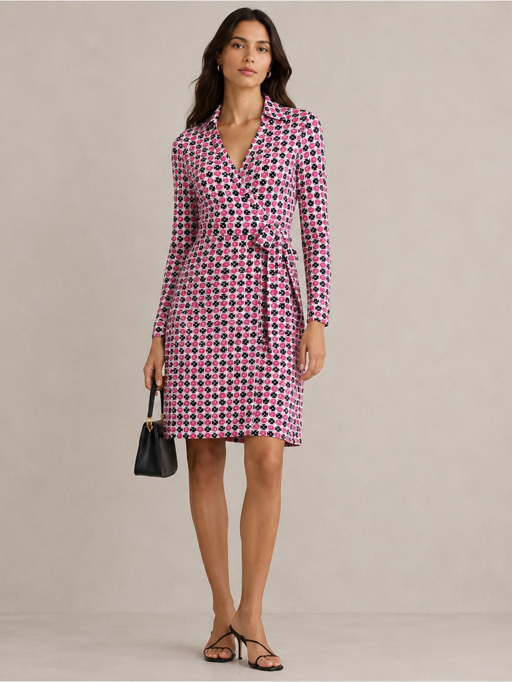 Diane von Furstenberg New Jeanne Two Wrap Dress Size 4 Pink Black Geo Print Silk
